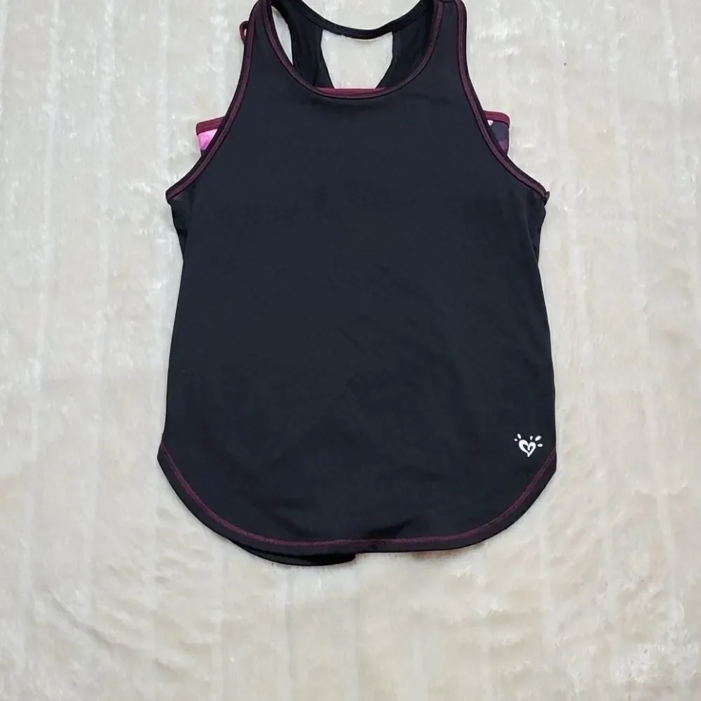 Justice Active Layered Sports Tank Top Black Pink Floral Athletic Tee Girls 10